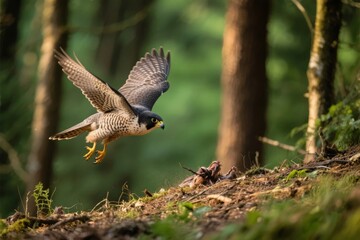 Fototapeta premium A falcon in flight over a forest floor, wings spread, capturing a moment of natural movement in a woodland setting.
