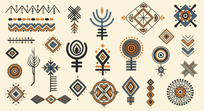 Diverse collection of tribal ethnic and geometric symbols and patterns.