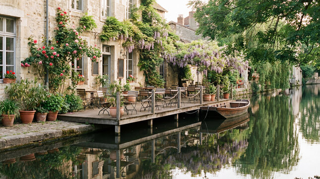 Quiet Canal Side Cafe Exterior with Plants and Still Water in Soft Natural Morning Light