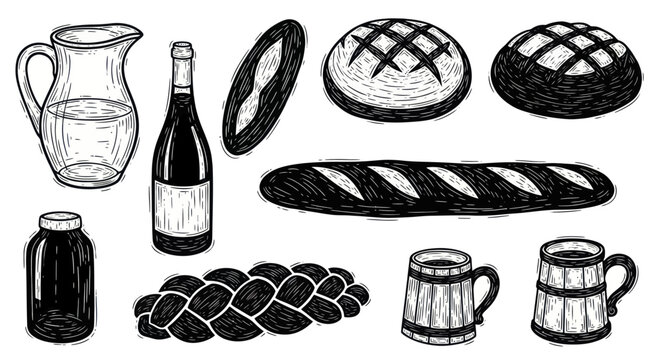 Rustic Hand-Drawn Collection of Bakery and Beverage Items.