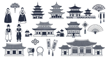 Traditional Korean Architecture and Cultural Elements Hand-Drawn Illustration Set. © Yann