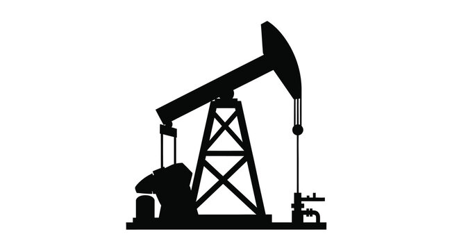 A stark silhouette of a classic oil pump also known as a nodding donkey against white