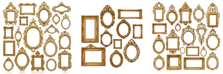 Fototapete Gold Set of three golden vintage picture frames and luxury antique borders collection isolated on white background, realistic classic ornate metallic frames for gallery and portrait design  © Gooer
