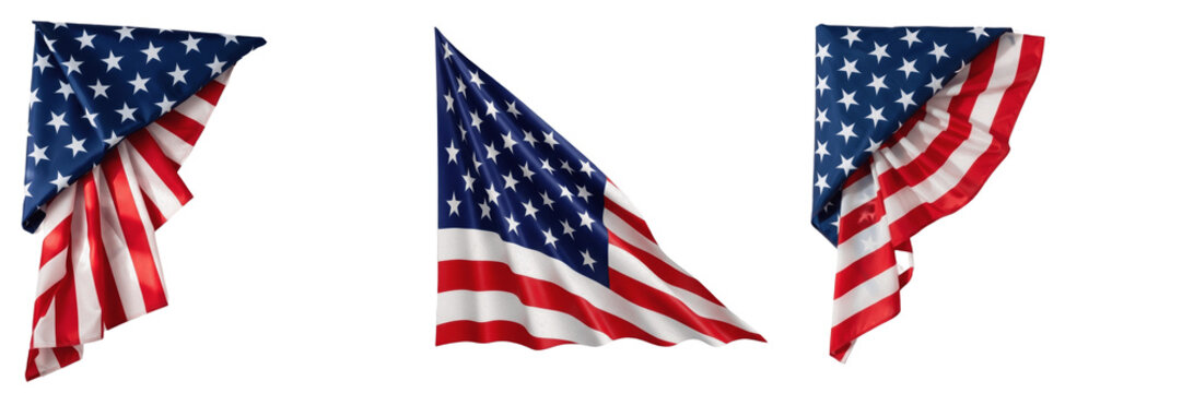 Set of three realistic American flag corner banners and patriotic fabric drapes isolated on white background, 3D USA flags with stars and stripes for national holiday and election design
