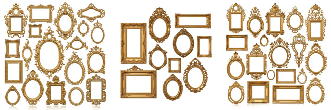 Set of three golden vintage picture frames and luxury antique borders collection isolated on white background, realistic classic ornate metallic frames for gallery and portrait design