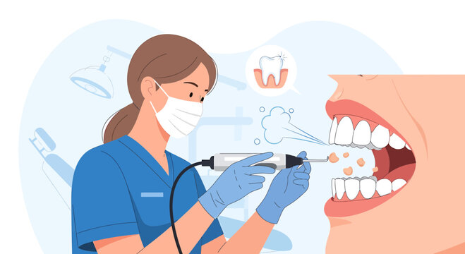Dentist cleaning teeth with water jet, dental hygiene, oral care, healthy smile