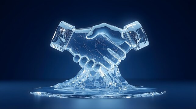3D glowing ice sculpture of a handshake cracking and melting