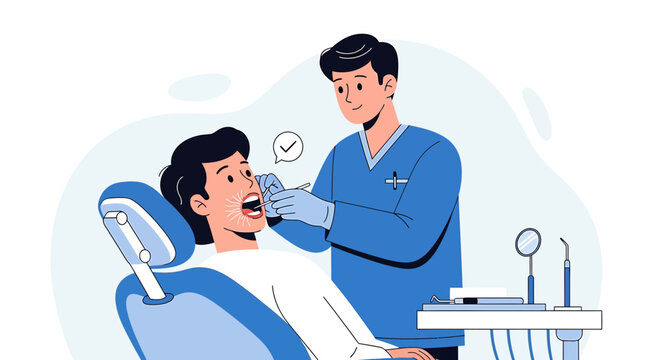 Dentist examining patient's teeth with dental tools in clinic, dental checkup concept