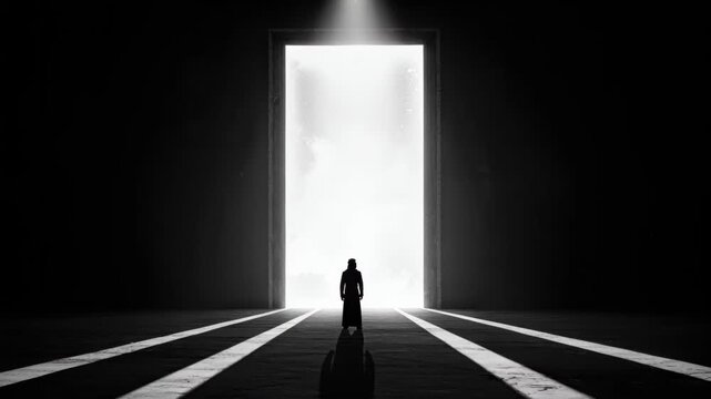 Pathway of the Illuminated: A silhouette stands before a radiant doorway, its form bathed in ethereal light, creating a stark contrast against the enveloping shadows. It's a symbolic journey.