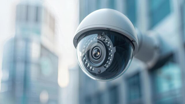Surveillance Eye: The all-seeing eye of a security camera observes the modern cityscape, symbolizing constant vigilance.
