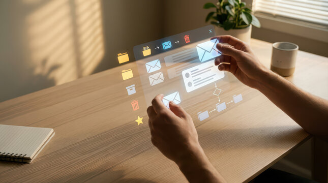 Email digital communication technology hands desk office message interface virtual paper cup plant sunlight window notebook modern connection business work interaction screen folder delete star