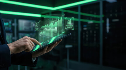 Fototapeta premium Businessman using digital tablet with virtual financial charts and investment growth, futuristic technology concept in dark office environment