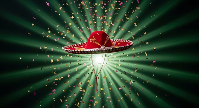 Sombrero charro rojo festivo flotando sobre fondo verde con rayos de luz y confeti multicolor. Concepto de celebraci&oacute;n mexicana, Cinco de Mayo, fiesta patria y alegr&iacute;a vibrante.