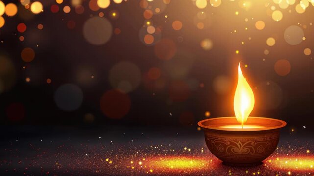 Diwali Candle: A warm candle flame glows brightly in a decorated bowl, casting soft light in the night. The picture captures the spirit of Diwali, with a sense of peace and spirituality.