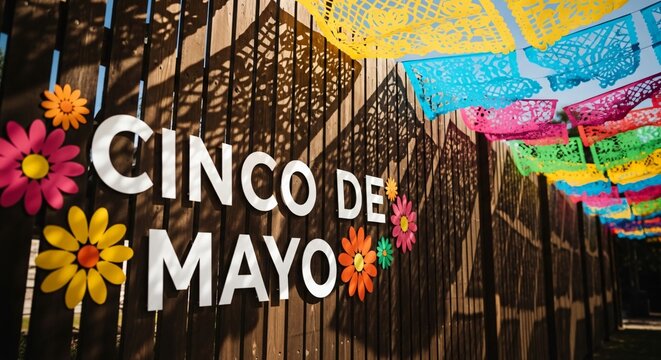 Cartel de Cinco de Mayo en valla de madera con flores vibrantes y papel picado colorido, decoraci&oacute;n festiva mexicana para celebraciones tradicionales y eventos culturales.