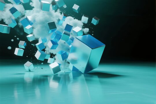 Shattering blue cubes with dynamic motion and reflective surface in a dark environment