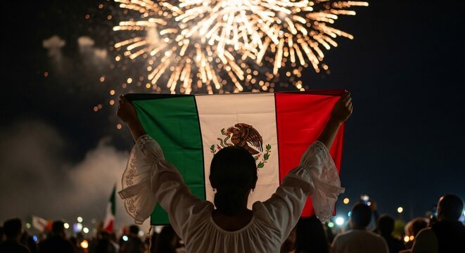 Mujer sosteniendo bandera de M&eacute;xico bajo fuegos artificiales, celebraci&oacute;n del Cinco de Mayo, orgullo patrio, fiesta tradicional mexicana, evento nocturno, cultura y tradici&oacute;n.