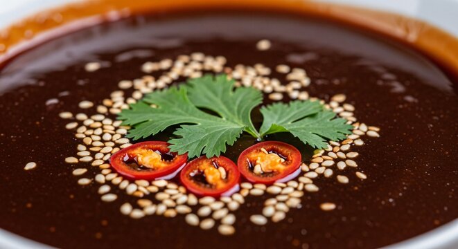 Salsa mole poblano tradicional decorada con cilantro, chile rojo y ajonjol&iacute; para celebraciones de Cinco de Mayo, gastronom&iacute;a mexicana aut&eacute;ntica y gourmet en primer plano.