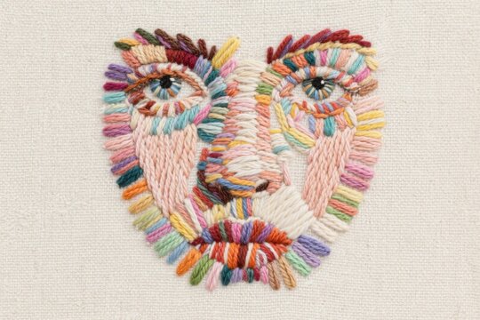 Colorful embroidered portrait of a human face using multicolored threads on fabric