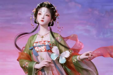 Fototapeta premium A woman in traditional East Asian attire with floral headdress and butterfly, set against a pastel sky background