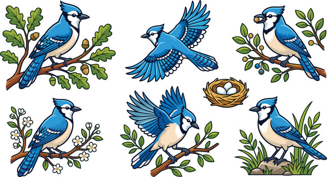 Blue jay bird cartoon vector collection with branches, nest and flying poses, detailed wildlife illustration set for nature, spring and design use