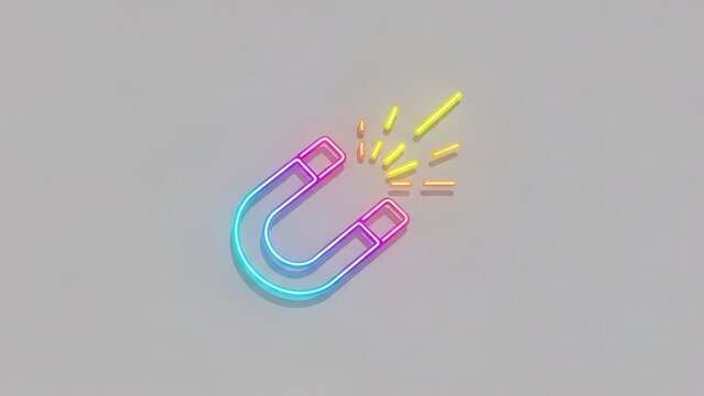 Vibrant neon U-shaped magnet icon with radiating energy lines on a soft grey surface, representing