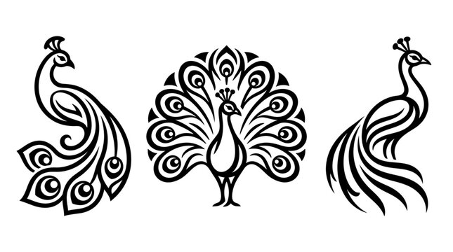 Elegant Peacock Silhouettes Displaying Intricate Feather Patterns and Designs.
