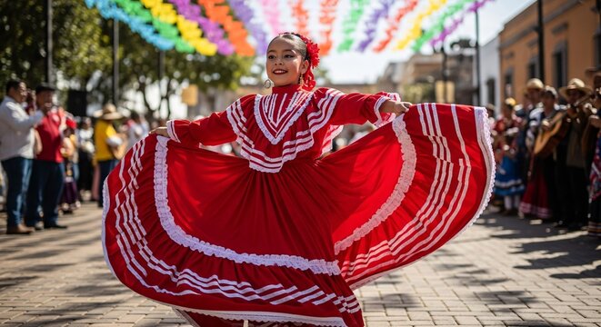 Ni&ntilde;a mexicana bailando con vestido rojo tradicional en festival de Cinco de Mayo, baile folcl&oacute;rico, celebraci&oacute;n cultural con papel picado y alegr&iacute;a festiva en la calle, herencia.