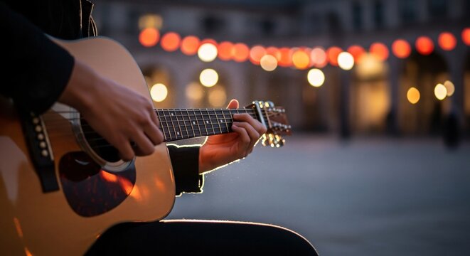 M&uacute;sico tocando guitarra ac&uacute;stica en celebraci&oacute;n del Cinco de Mayo, ambiente festivo con luces bokeh, manos en las cuerdas, tradici&oacute;n mexicana, fiesta nocturna, m&uacute;sica en vivo.