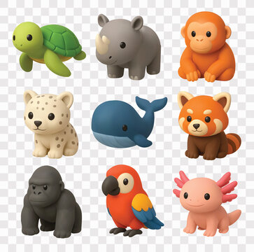 Cute Wild Animals and Endangered Species Vector Icon Set | 3D icon set | green sea turtle, rhinoceros, orangutan, snow leopard cub, whale, red panda, gorilla, macaw parrot, axolotl