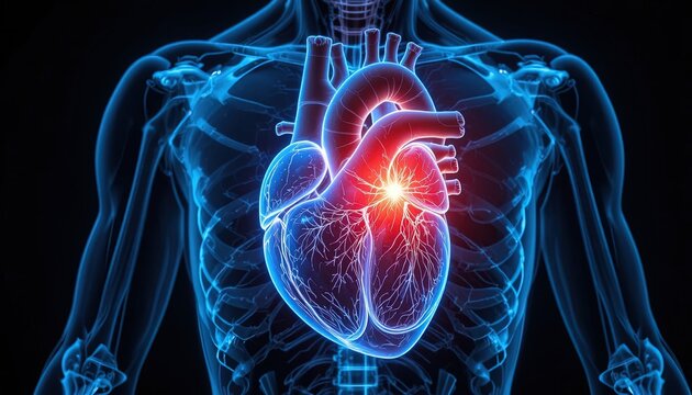 Human Body Anatomy Illustration with Focus on Heart Disease and Cardiovascular System Health