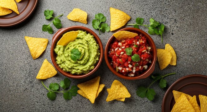 Guacamole y salsa roja con totopos y cilantro sobre fondo de piedra. Aperitivo mexicano para celebraci&oacute;n de Cinco de Mayo, comida festiva tradicional y dips frescos de aguacate.