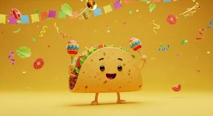 Fototapeta premium Taco animado tierno celebrando el Cinco de Mayo con maracas, personaje de comida mexicana feliz, fondo amarillo festivo con confeti, papel picado y trompetas