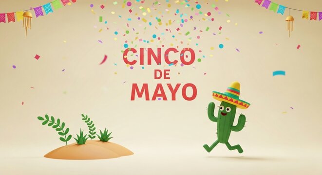 Cactus animado festejando Cinco de Mayo con sombrero mexicano, confeti vibrante y guirnaldas de papel picado en un desierto estilizado 3D, concepto de fiesta mexicana y alegr&iacute;a.