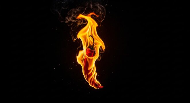 Chile rojo picante envuelto en llamas intensas sobre fondo negro, concepto de gastronom&iacute;a mexicana para Cinco de Mayo, sabor explosivo, fuego ardiente, humo y chispas dram&aacute;ticas.