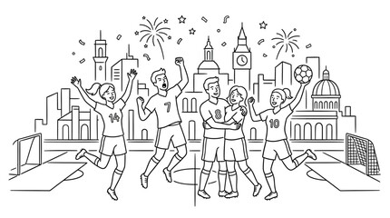 Obraz premium Excited Soccer Team Celebrating Victory with Fireworks in London.