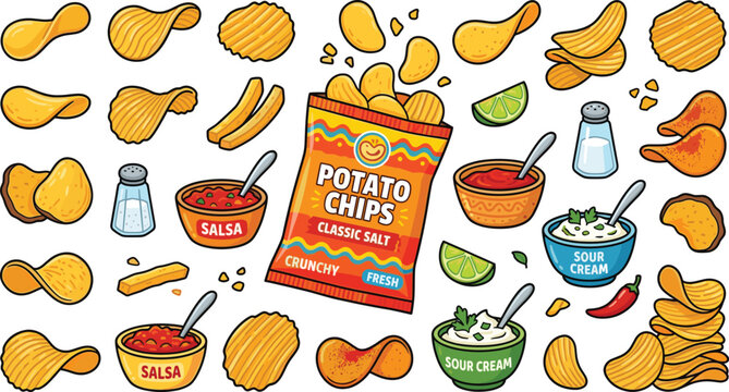 Potato chips snack cartoon vector collection with crispy chips, salsa, sour cream and seasonings, detailed fast food illustration set for packaging design