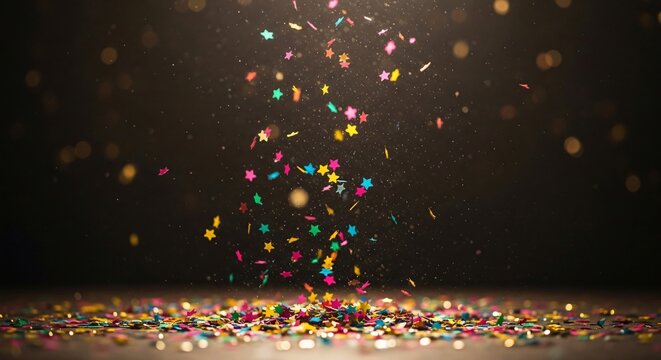 Confeti de estrellas de colores cayendo en una celebraci&oacute;n de Cinco de Mayo, fondo festivo con luces bokeh, ambiente de fiesta mexicana alegre y vibrante para dise&ntilde;o publicitario.