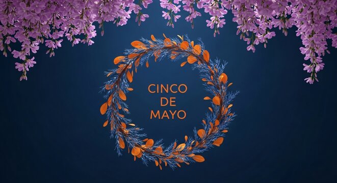 Cinco de Mayo con corona floral de hojas naranjas y ramas azules sobre fondo azul oscuro, flores p&uacute;rpuras colgantes, dise&ntilde;o festivo y elegante para celebraciones mexicanas.