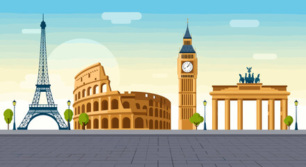 A vibrant cityscape illustration showcasing iconic European landmarks including the Eiffel Tower, Colosseum, Big Ben, and Brandenburg Gate against a gradient sky. © Sekardewi