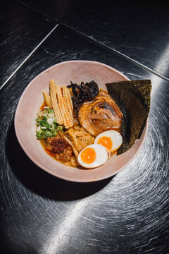 Ramen Bowl With Egg, Pork, Seaweed, and Greens