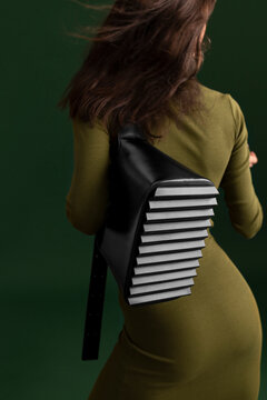 Unique Stylish Green Dress With Pleated Black Backpack