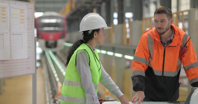 Rail engineers engaged in a planning and review session, focusing on a board displaying schedules, maintenance plans, and performance data of the rail systems. Ensuring efficient rail operations.