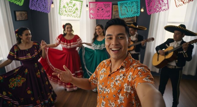 Hombre alegre tom&aacute;ndose un selfie en fiesta de Cinco de Mayo con bailarinas de folclore mexicano y mariachis, ambiente festivo, celebraci&oacute;n cultural tradicional vibrante.