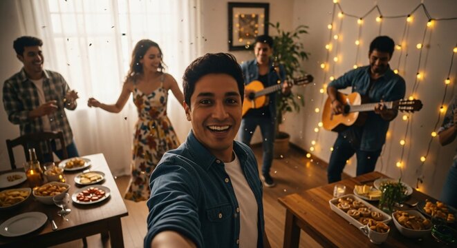 Selfie de amigos celebrando fiesta de Cinco de Mayo con m&uacute;sica de guitarra en vivo, baile y aperitivos mexicanos, ambiente alegre y festivo en casa con luces c&aacute;lidas.