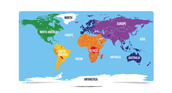 Colorful world map illustration showing continents and oceans, with labels for each region.