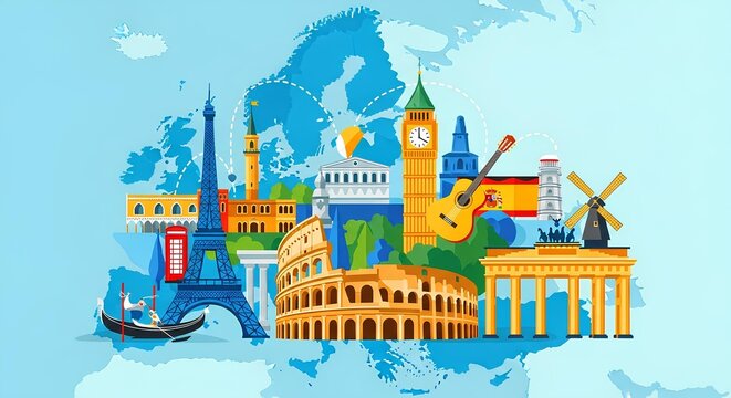 A vibrant collage of iconic European landmarks and cultural symbols set against a stylized map of Europe.