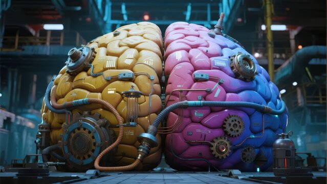 Mechanical brain with colorful, industrial components in a factory setting