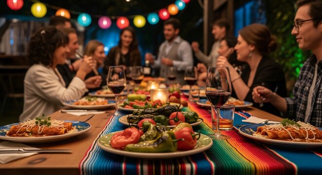 Amigos celebrando el Cinco de Mayo con cena festiva al aire libre, comida mexicana tradicional, farolillos de colores y ambiente alegre en mesa decorada con sarape.