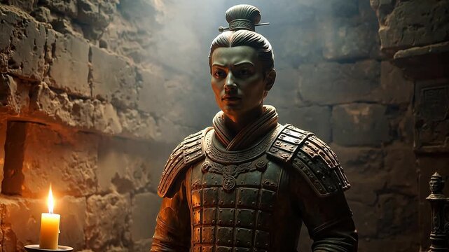 Warrior in ancient armor statue emphasizing industrial strength and manufacturing